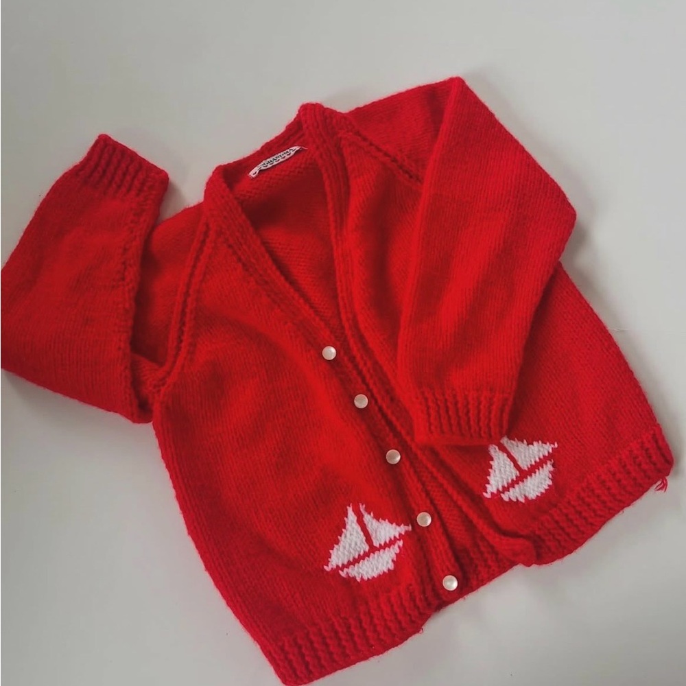 Vintage Made by a Grandma Red Knit Cardigan Sweater